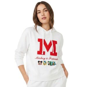 Disney Mickey & Friends Hoodie Womens Medium Pullover Graphic White Comfy Fleece